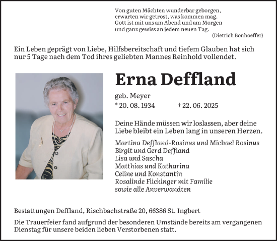 Todesanzeige von Erna Deffland von saarbruecker_zeitung