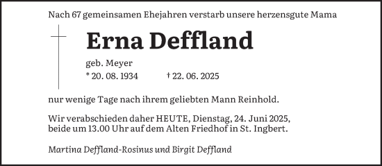 Todesanzeige von Erna Deffland von saarbruecker_zeitung
