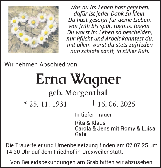 Todesanzeige von Erna Wagner von saarbruecker_zeitung