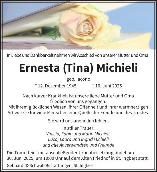 Todesanzeige von Ernesta Michieli von saarbruecker_zeitung