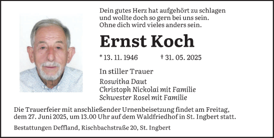 Todesanzeige von Ernst Koch von saarbruecker_zeitung