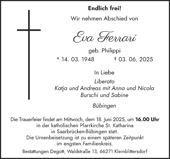Todesanzeige von Eva Ferrari von saarbruecker_zeitung