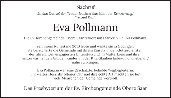 Todesanzeige von Eva Pollmann von saarbruecker_zeitung