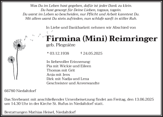 Todesanzeige von Firmina Reimringer von saarbruecker_zeitung