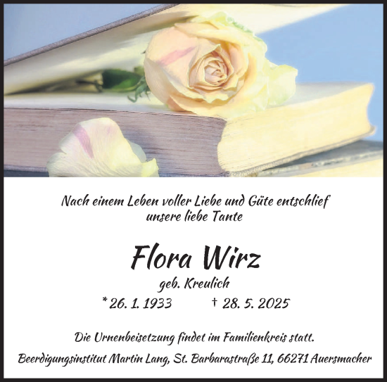 Todesanzeige von Flora Wirz von saarbruecker_zeitung