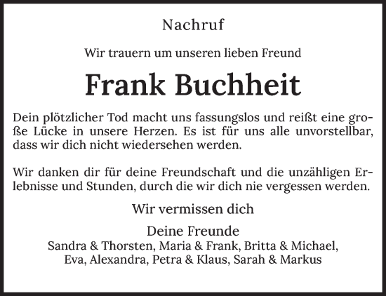 Todesanzeige von Frank Buchheit von saarbruecker_zeitung
