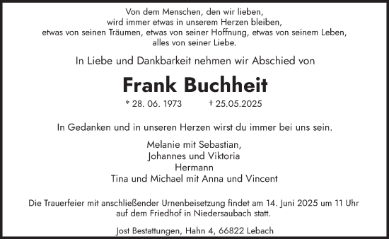 Todesanzeige von Frank Buchheit von saarbruecker_zeitung