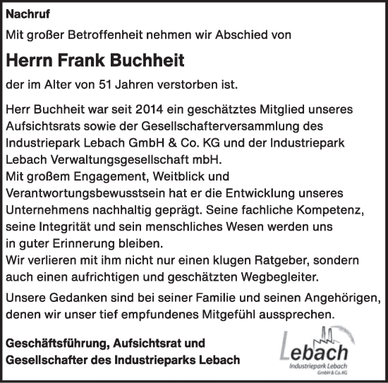 Todesanzeige von Frank Buchheit von saarbruecker_zeitung