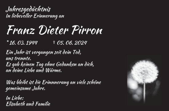 Todesanzeige von Franz Dieter Pirron von saarbruecker_zeitung
