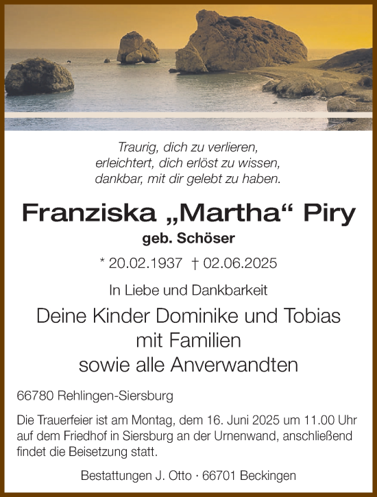 Todesanzeige von Franziska Piry von saarbruecker_zeitung