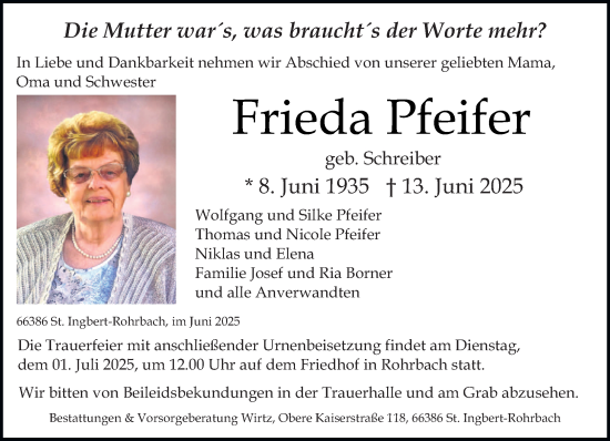 Todesanzeige von Frieda Pfeifer von saarbruecker_zeitung