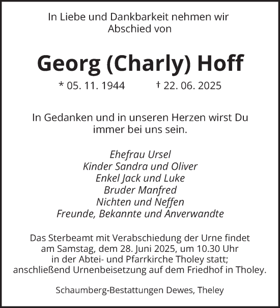 Todesanzeige von Georg Hoff von saarbruecker_zeitung