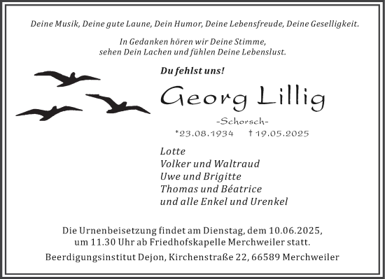 Todesanzeige von Georg Lillig von saarbruecker_zeitung
