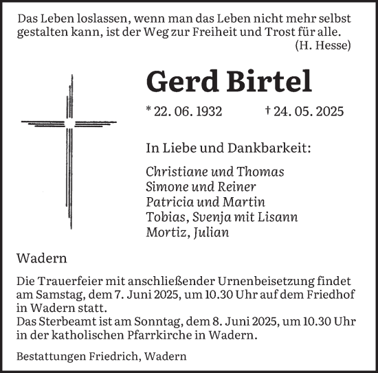 Todesanzeige von Gerd Birtel von saarbruecker_zeitung