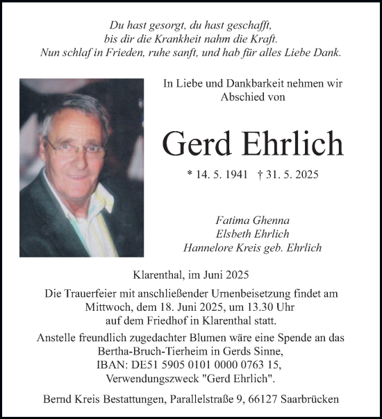Todesanzeige von Gerd Ehrlich von saarbruecker_zeitung
