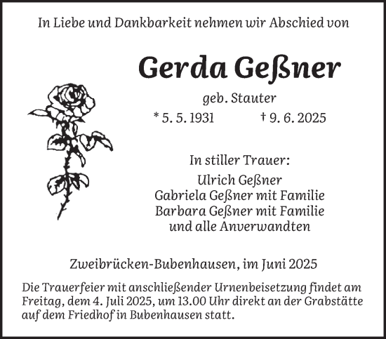 Todesanzeige von Gerda Geßner von saarbruecker_zeitung