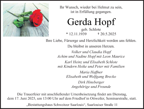 Todesanzeige von Gerda Hopf von saarbruecker_zeitung
