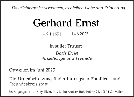 Todesanzeige von Gerhard Ernst von saarbruecker_zeitung