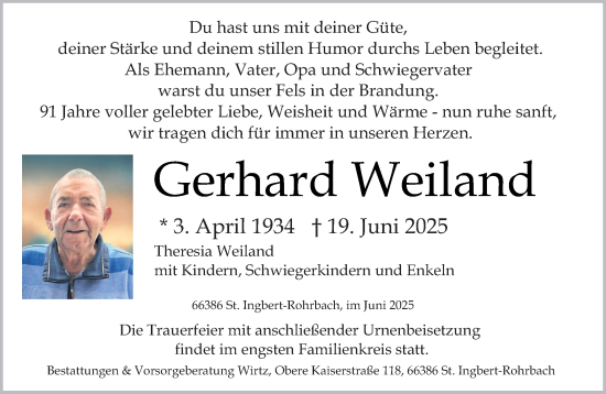 Todesanzeige von Gerhard Weiland von saarbruecker_zeitung
