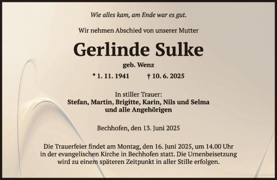 Todesanzeige von Gerlinde Sulke von saarbruecker_zeitung