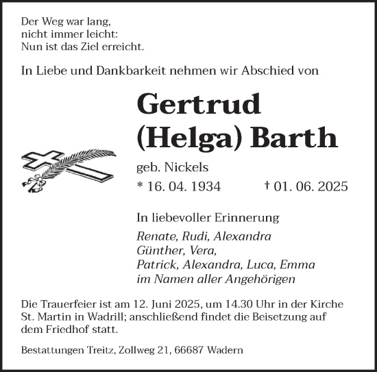 Todesanzeige von Gertrud Barth von saarbruecker_zeitung