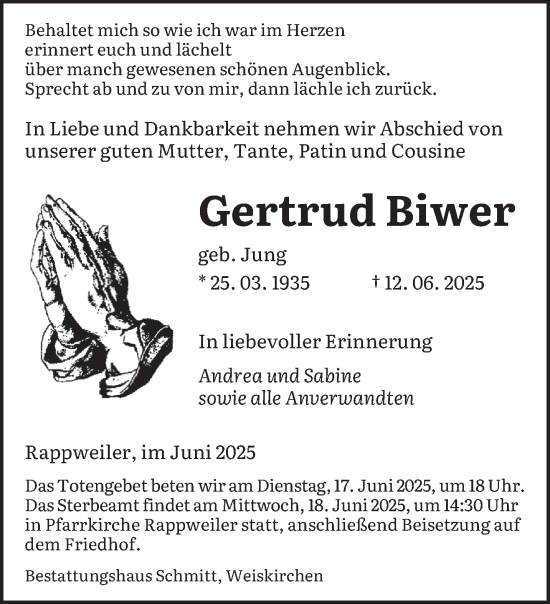Todesanzeige von Gertrud Biwer von saarbruecker_zeitung