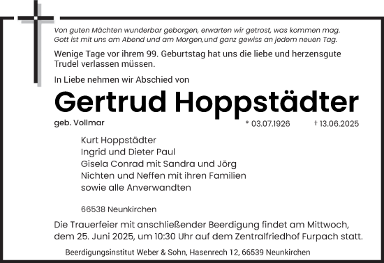 Todesanzeige von Gertrud Hoppstädter von saarbruecker_zeitung