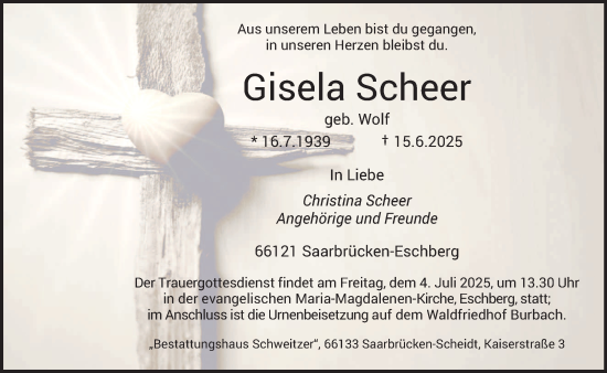 Todesanzeige von Gisela Scheer von saarbruecker_zeitung