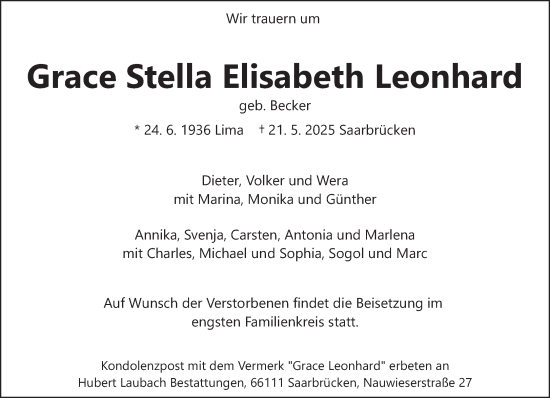 Todesanzeige von Grace Stella Elisabeth Leonhard von saarbruecker_zeitung