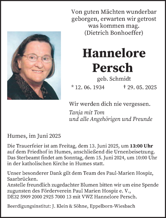 Todesanzeige von Hannelore Persch von saarbruecker_zeitung
