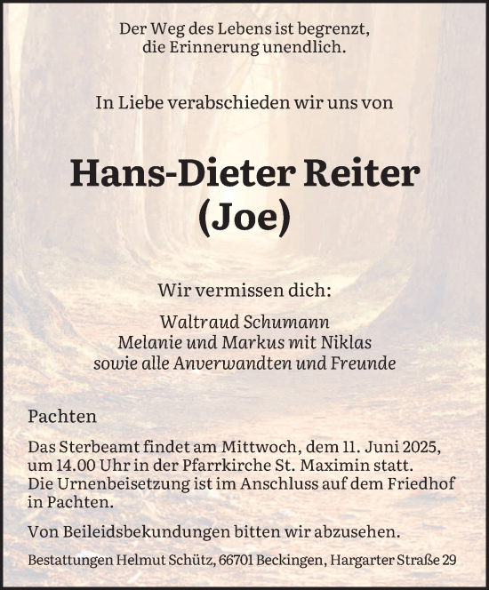 Todesanzeige von Hans-Dieter Reiter von saarbruecker_zeitung