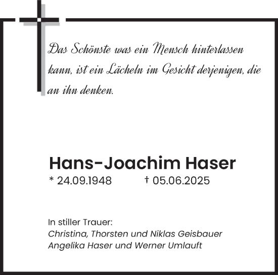 Todesanzeige von Hans-Joachim Haser von saarbruecker_zeitung