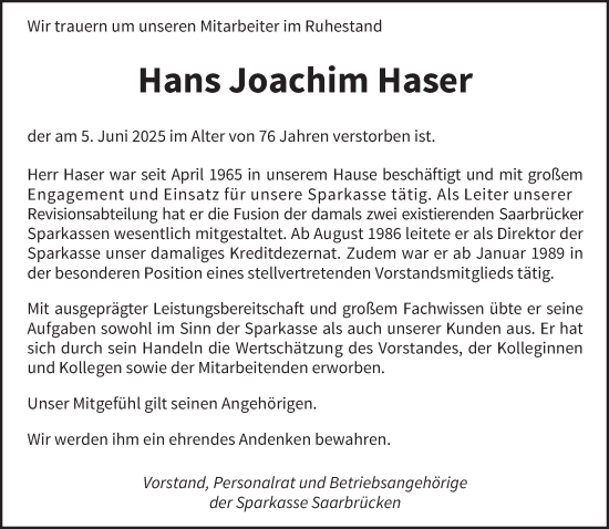 Todesanzeige von Hans-Joachim Haser von saarbruecker_zeitung