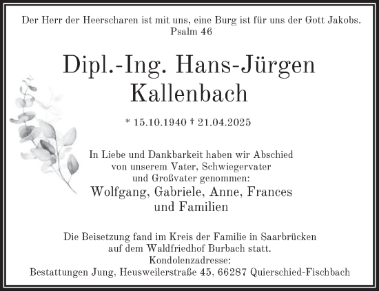 Todesanzeige von Hans-Jürgen Kallenbach von saarbruecker_zeitung