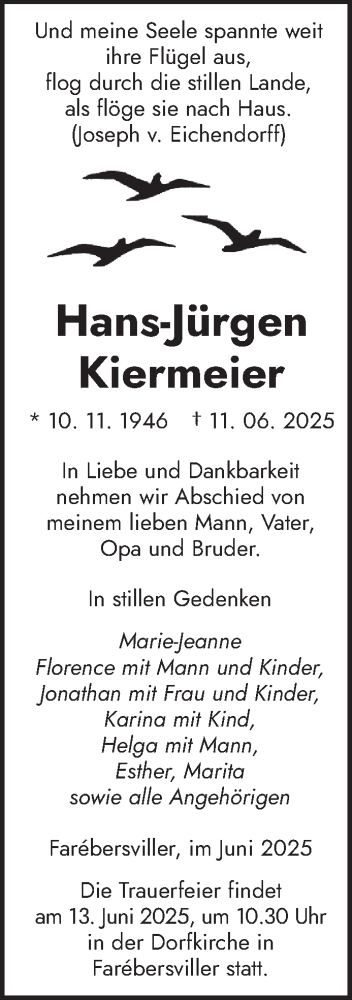 Todesanzeige von Hans-Jürgen Kiermeier von saarbruecker_zeitung
