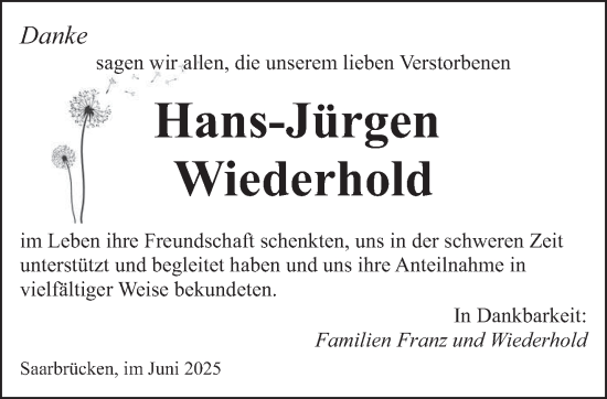 Todesanzeige von Hans-Jürgen Wiederhold von saarbruecker_zeitung