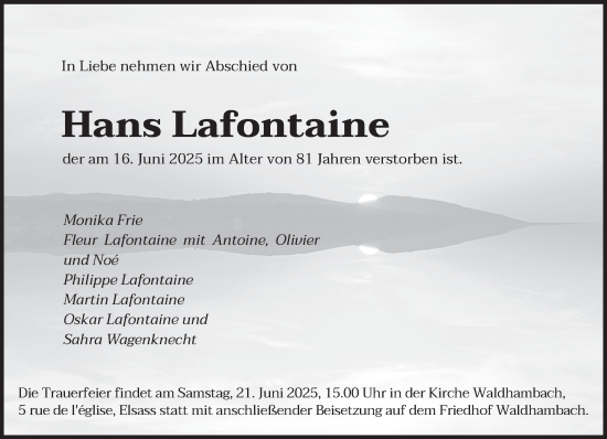 Todesanzeige von Hans Lafontaine von saarbruecker_zeitung