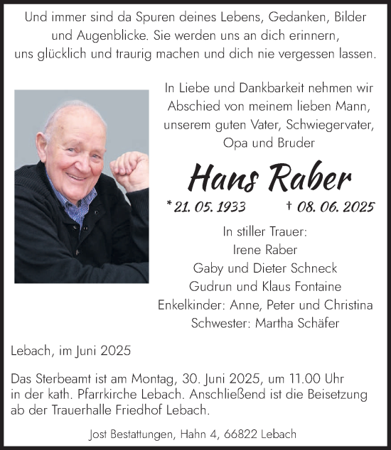 Todesanzeige von Hans Raber von saarbruecker_zeitung