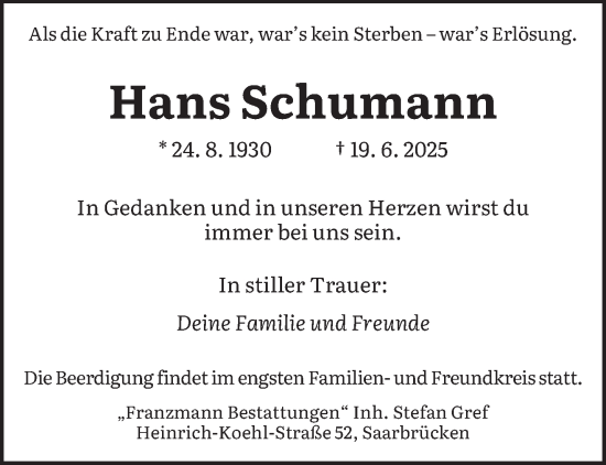 Todesanzeige von Hans Schumann von saarbruecker_zeitung