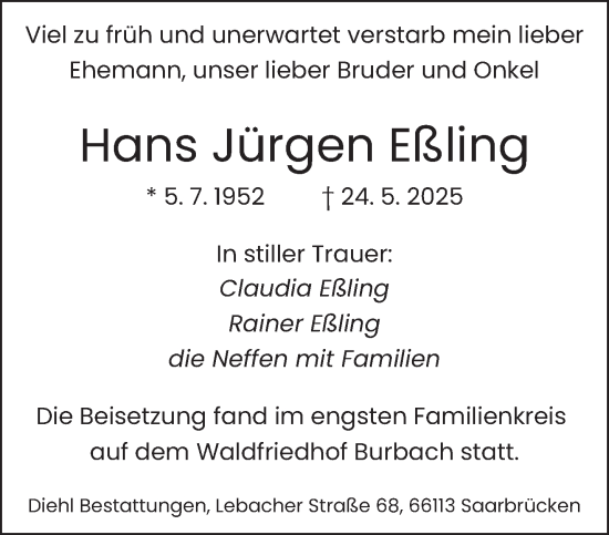 Todesanzeige von Hans Jürgen Eßling von saarbruecker_zeitung