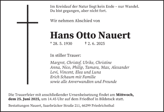 Todesanzeige von Hans Otto Nauert von saarbruecker_zeitung