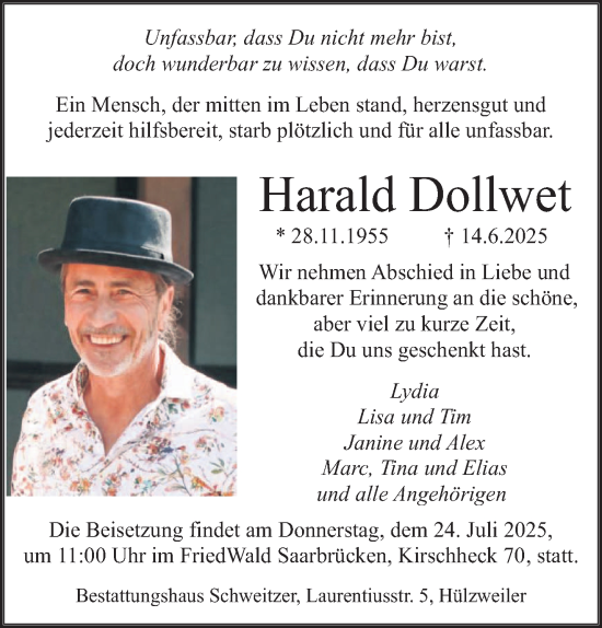 Todesanzeige von Harald Dollwet von saarbruecker_zeitung