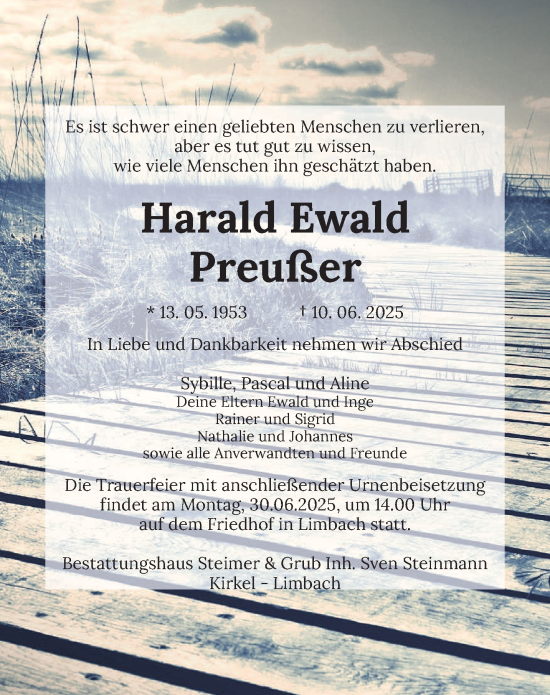 Todesanzeige von Harald Ewald Preußer von saarbruecker_zeitung
