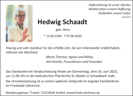 Todesanzeige von Hedwig Schaadt von saarbruecker_zeitung