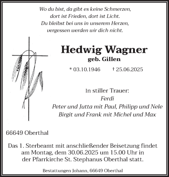 Todesanzeige von Hedwig Wagner von saarbruecker_zeitung