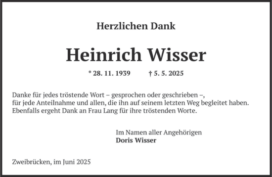 Todesanzeige von Heinrich Wisser von saarbruecker_zeitung