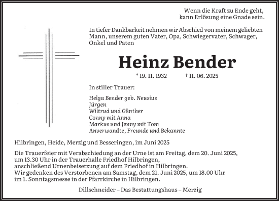 Todesanzeige von Heinz Bender von saarbruecker_zeitung