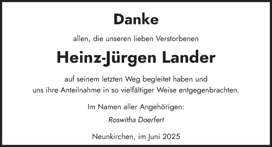 Todesanzeige von Heinz-Jürgen Lander von saarbruecker_zeitung