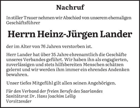 Todesanzeige von Heinz-Jürgen Lander von saarbruecker_zeitung