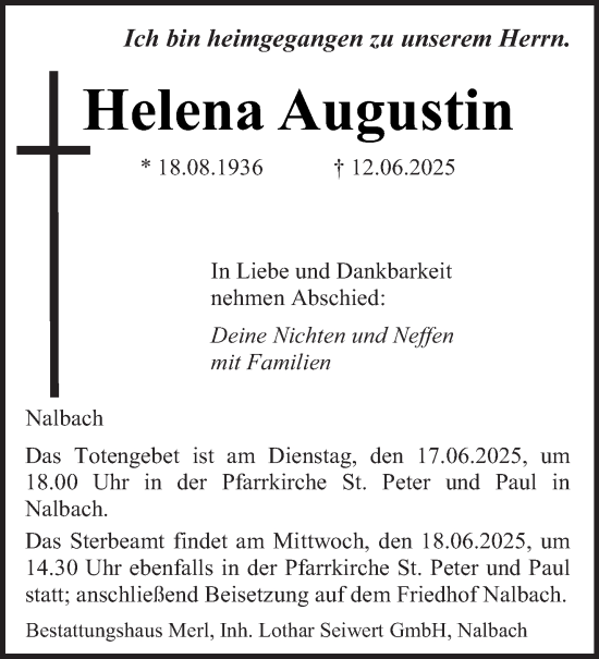 Todesanzeige von Helena Augustin von saarbruecker_zeitung